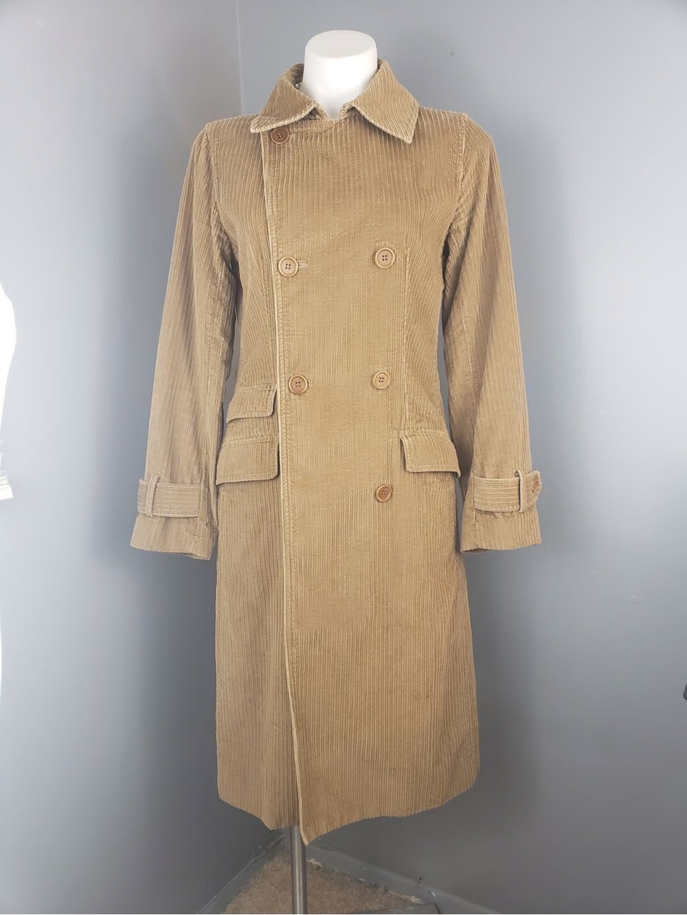 Vintage J. Crew Corduroy Double-Breasted Trench Coat in Camel Brown